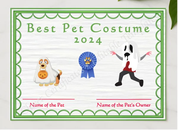 Halloween Pet Costume 2 Award presented in a sleek wooden frame, elegantly arranged on a stylish table.