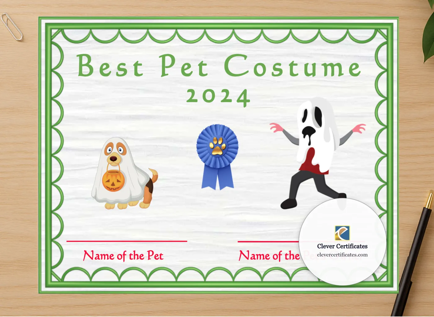 Professional preview of Halloween Pet Costume 2 Award certificate on high-quality stationery paper, ideal for showcasing the final look.