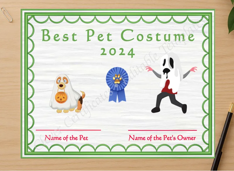 Professional preview of Halloween Pet Costume 2 Award certificate on high-quality stationery paper, ideal for showcasing the final look.