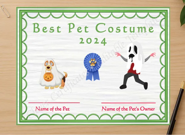 Professional preview of Halloween Pet Costume 2 Award certificate on high-quality stationery paper, ideal for showcasing the final look.