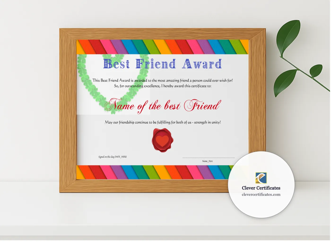 Realistic mockup featuring Best Friend Award displayed within a modern frame, set against a minimalistic background.