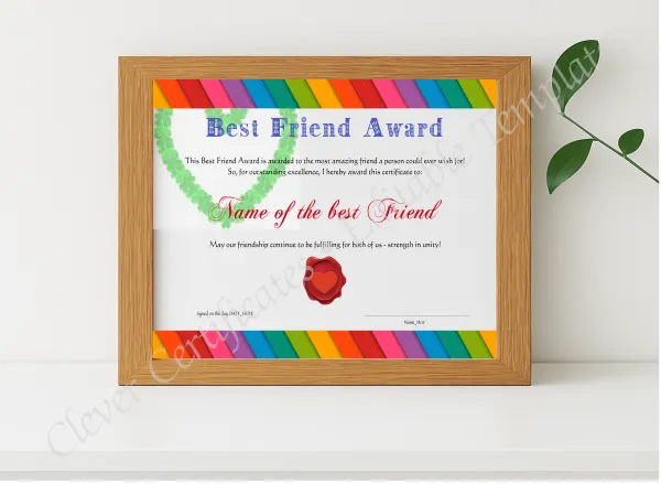 Realistic mockup featuring Best Friend Award displayed within a modern frame, set against a minimalistic background.