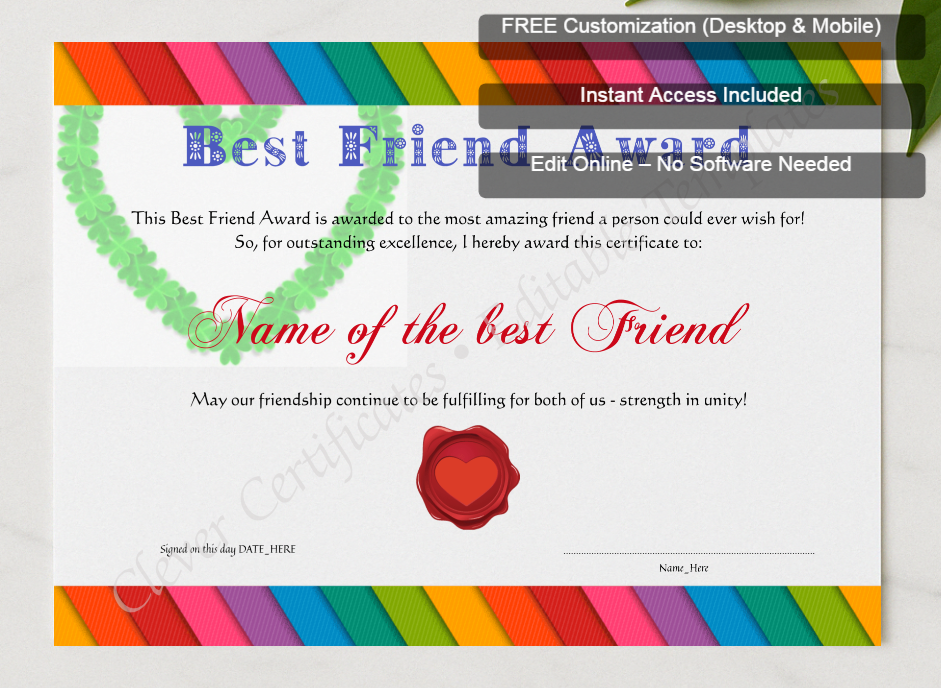 Framed preview featuring Free Editor badge stack for Best Friend Award