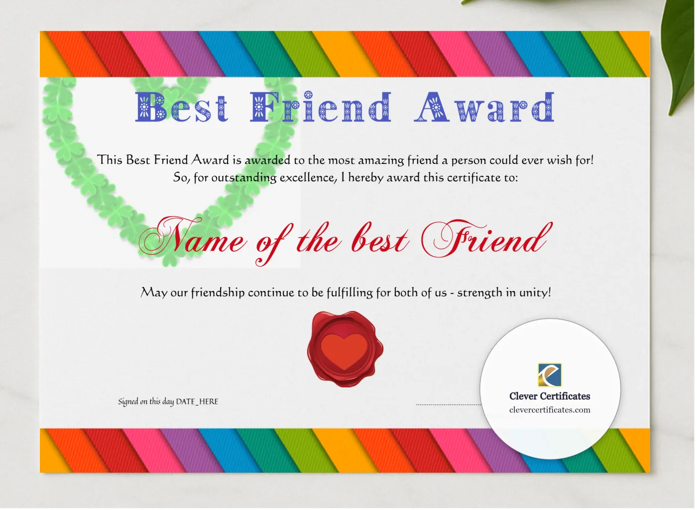 Best Friend Award presented in a sleek wooden frame, elegantly arranged on a stylish table.