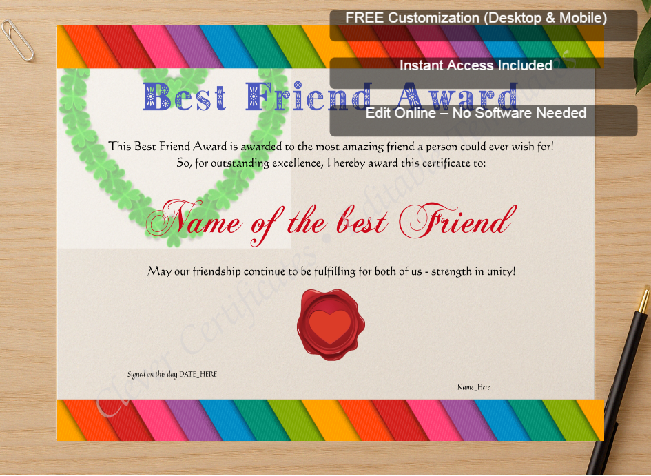 Zoomed preview with Free Editor badge stack for Best Friend Award