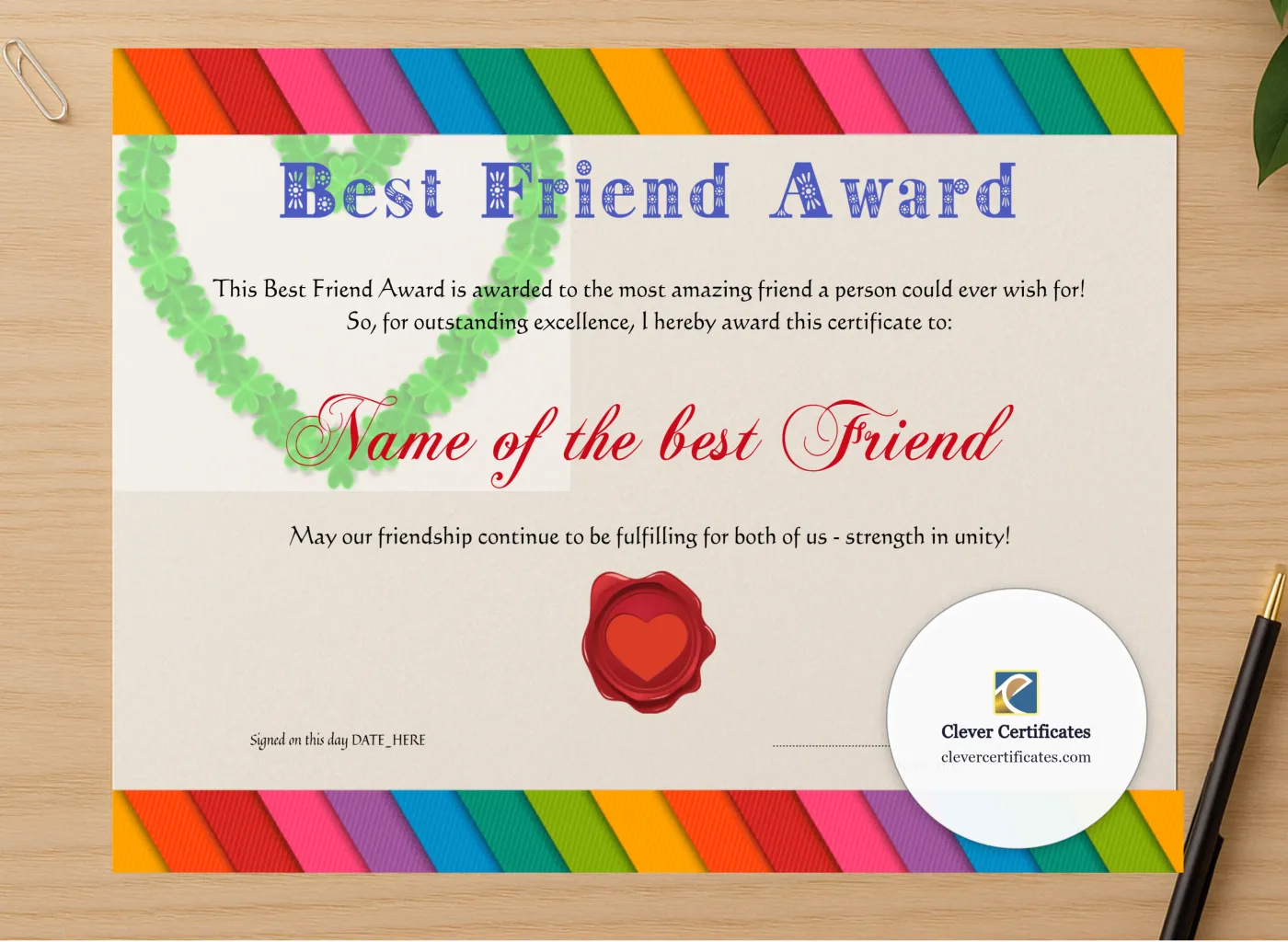 Professional preview of Best Friend Award certificate on high-quality stationery paper, ideal for showcasing the final look.