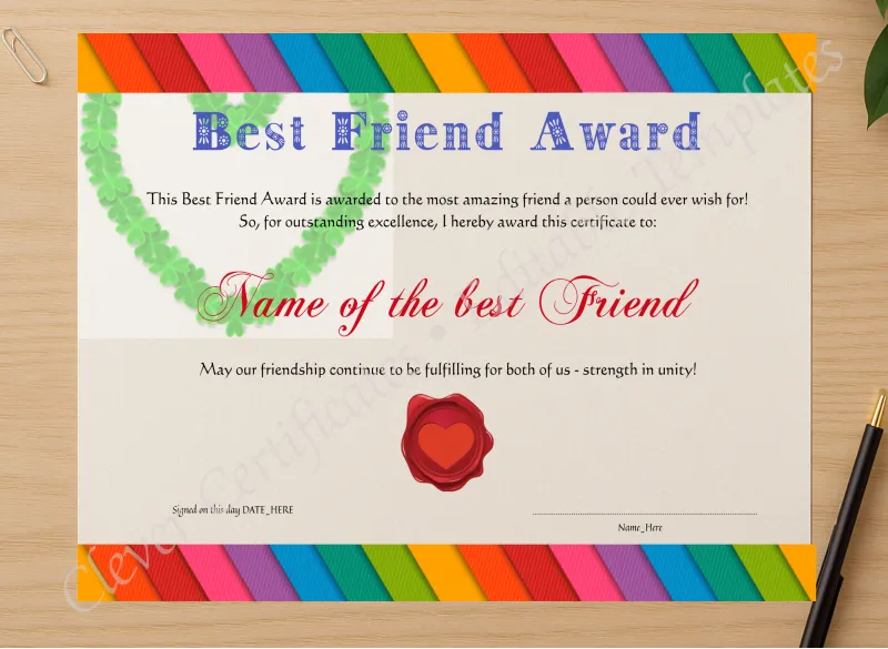 Professional preview of Best Friend Award certificate on high-quality stationery paper, ideal for showcasing the final look.