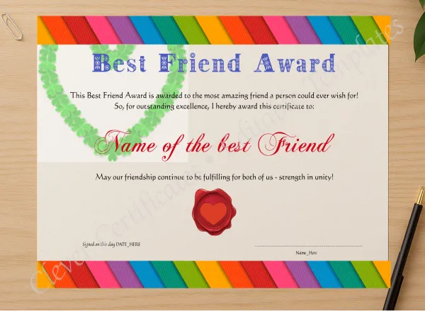 Professional preview of Best Friend Award certificate on high-quality stationery paper, ideal for showcasing the final look.