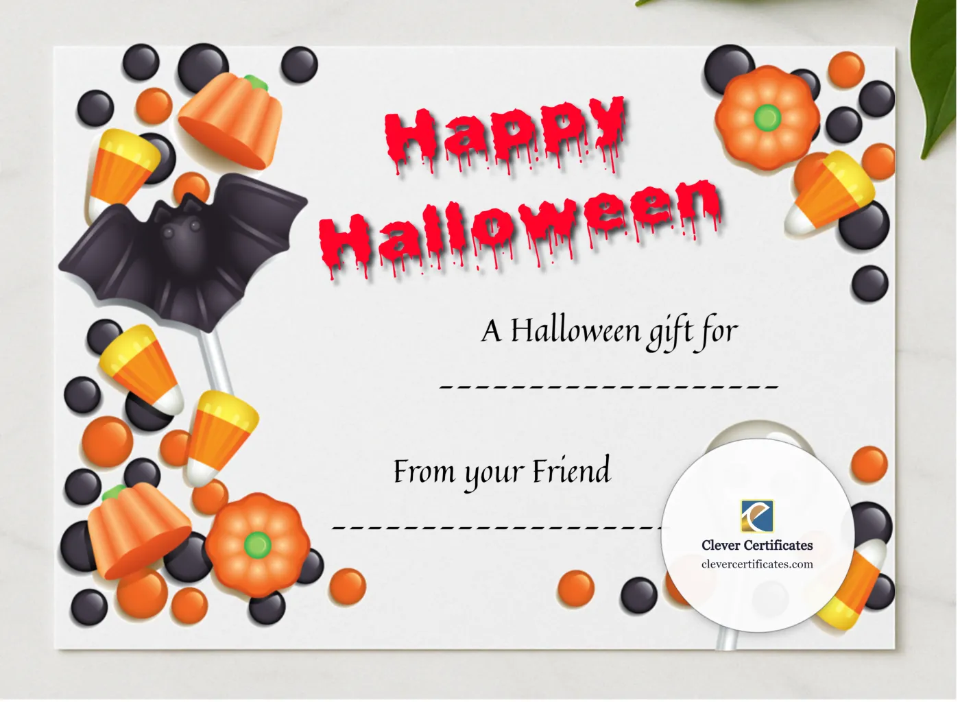 Happy Halloween 3 Certificate presented in a sleek wooden frame, elegantly arranged on a stylish table.