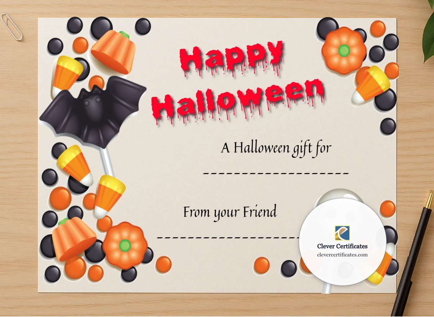 Professional preview of Happy Halloween 3 Certificate certificate on high-quality stationery paper, ideal for showcasing the final look.
