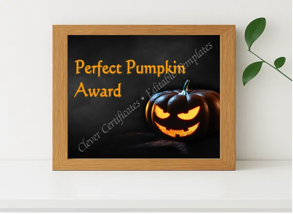 Realistic mockup featuring Perfect Pumpkin Award displayed within a modern frame, set against a minimalistic background.