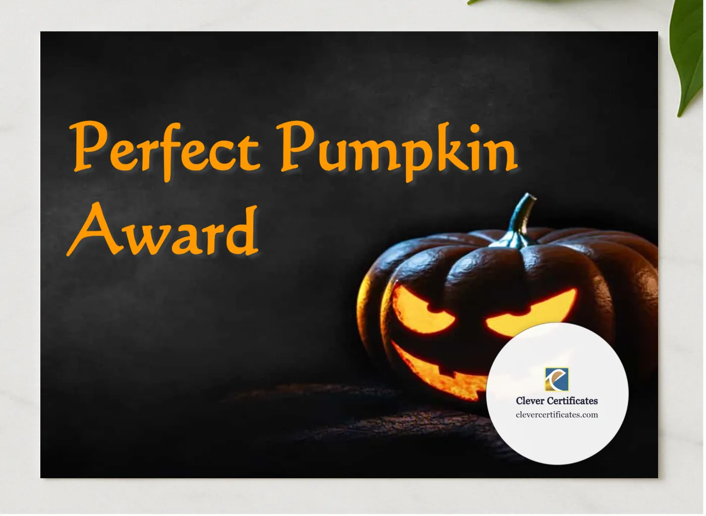 Perfect Pumpkin Award presented in a sleek wooden frame, elegantly arranged on a stylish table.