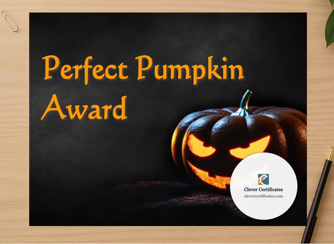 Professional preview of Perfect Pumpkin Award certificate on high-quality stationery paper, ideal for showcasing the final look.