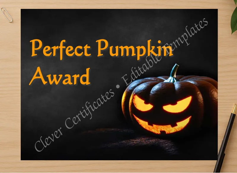 Professional preview of Perfect Pumpkin Award certificate on high-quality stationery paper, ideal for showcasing the final look.