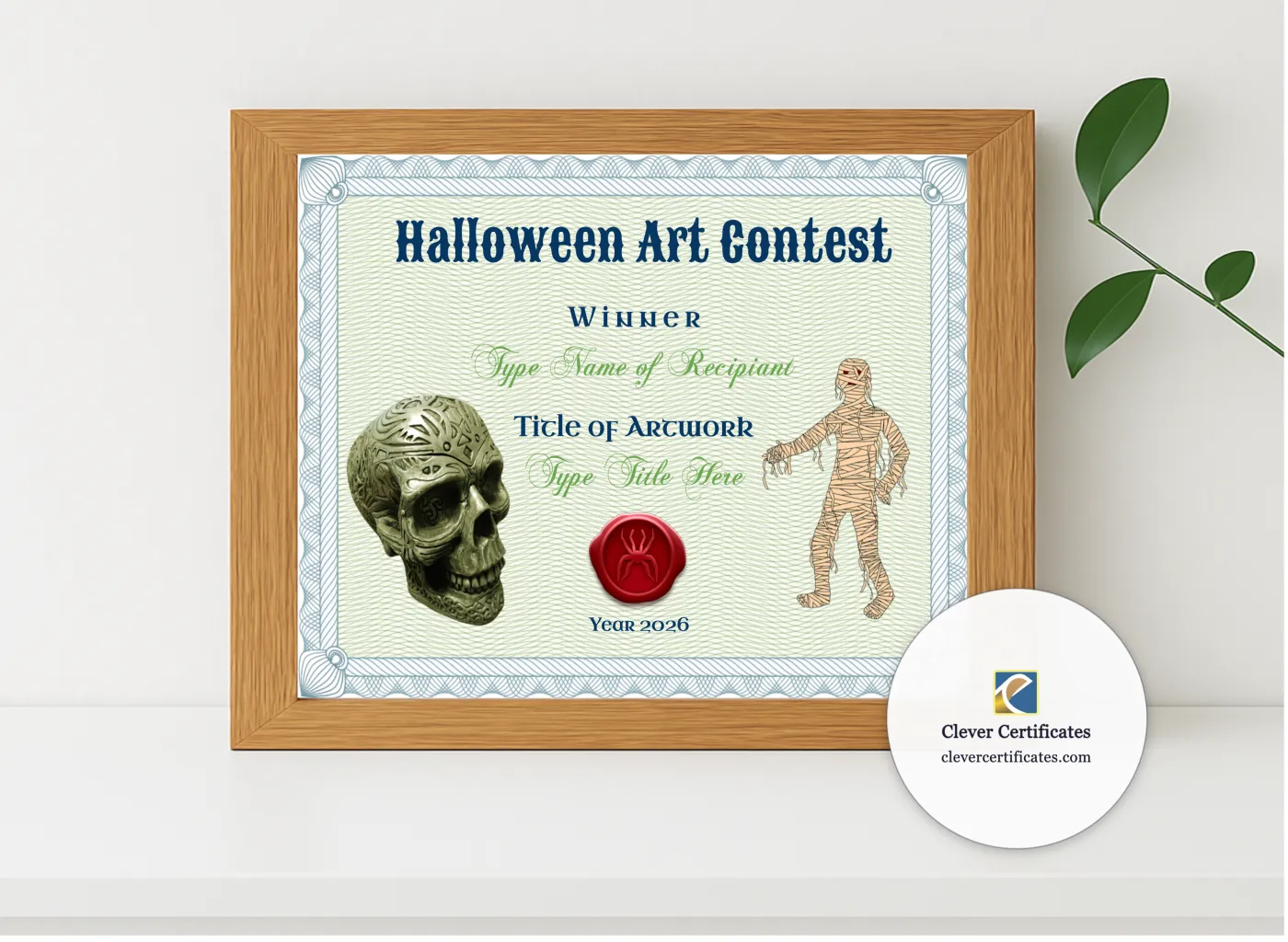 Realistic mockup featuring Halloween Art Contest Award displayed within a modern frame, set against a minimalistic background.