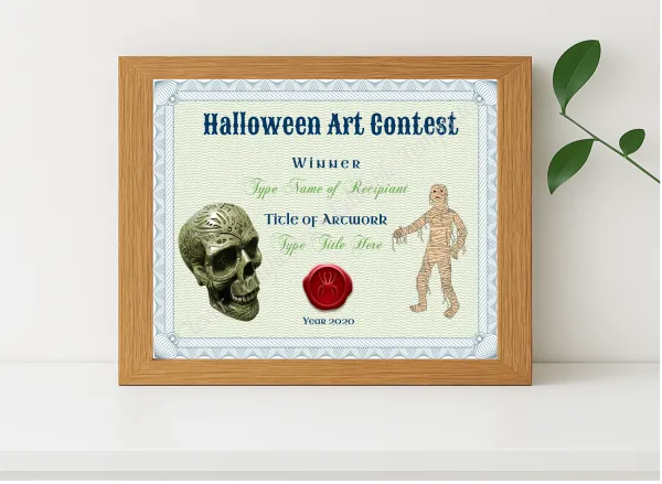 Realistic mockup featuring Halloween Art Contest Award displayed within a modern frame, set against a minimalistic background.