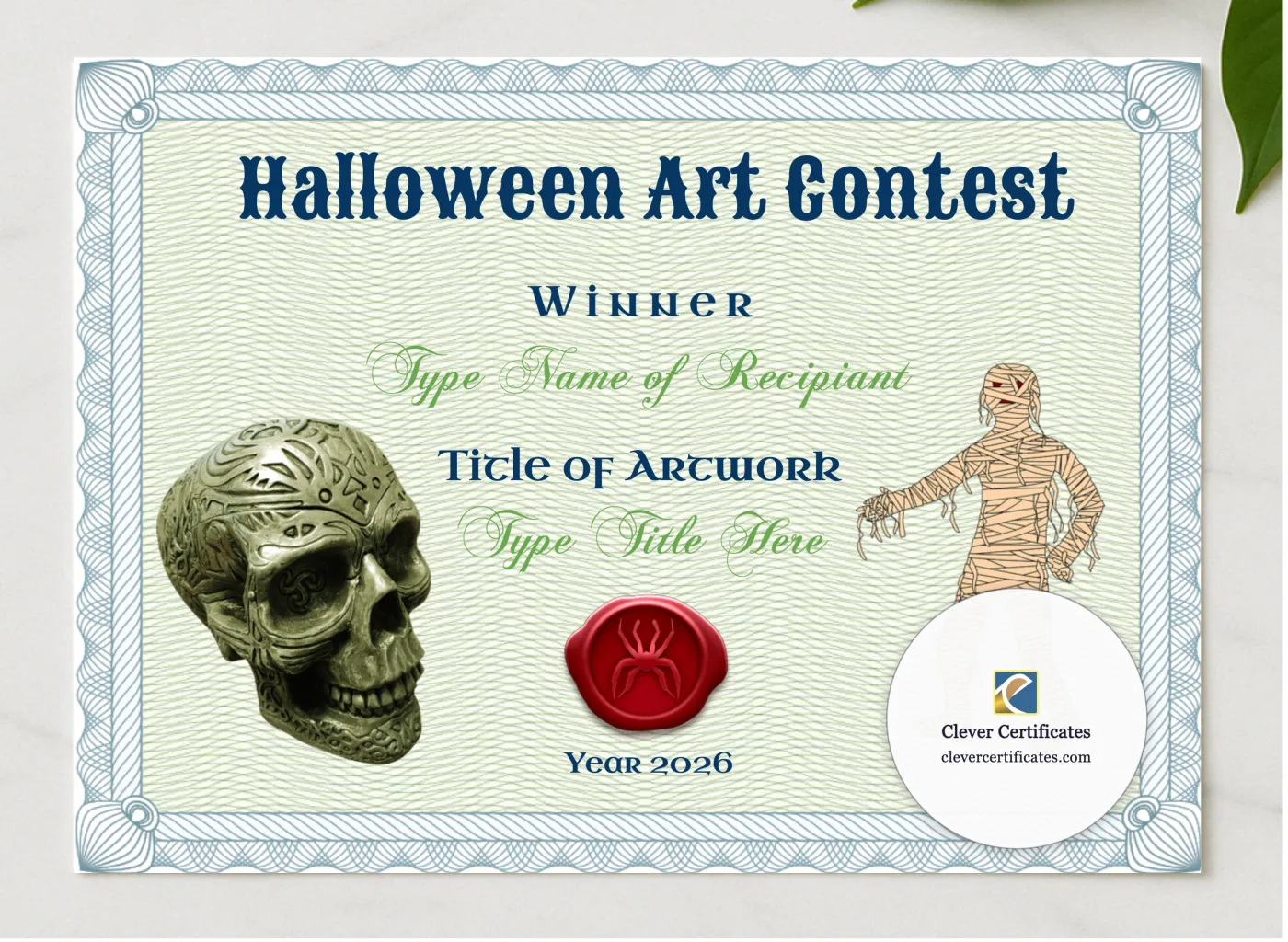 Halloween Art Contest Award presented in a sleek wooden frame, elegantly arranged on a stylish table.