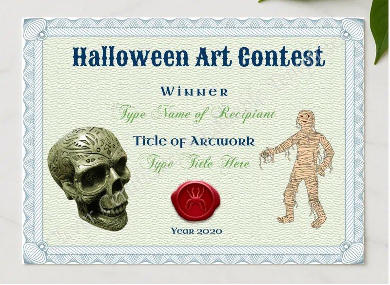 Halloween Art Contest Award presented in a sleek wooden frame, elegantly arranged on a stylish table.