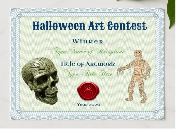 Halloween Art Contest Award presented in a sleek wooden frame, elegantly arranged on a stylish table.