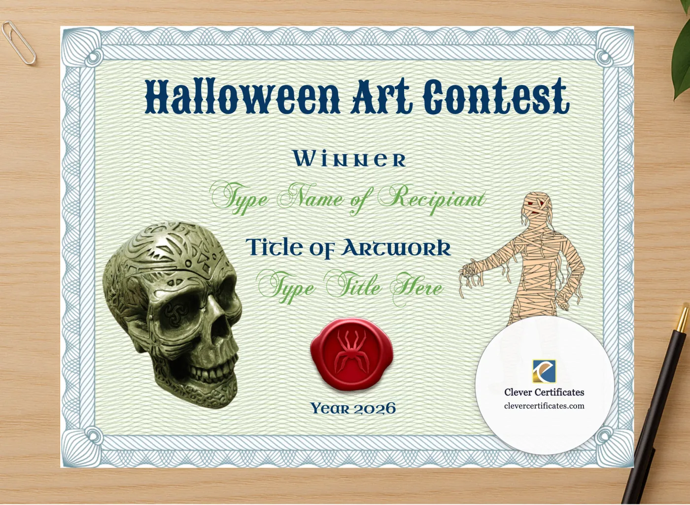 Professional preview of Halloween Art Contest Award certificate on high-quality stationery paper, ideal for showcasing the final look.