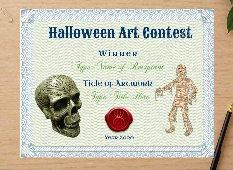 Professional preview of Halloween Art Contest Award certificate on high-quality stationery paper, ideal for showcasing the final look.