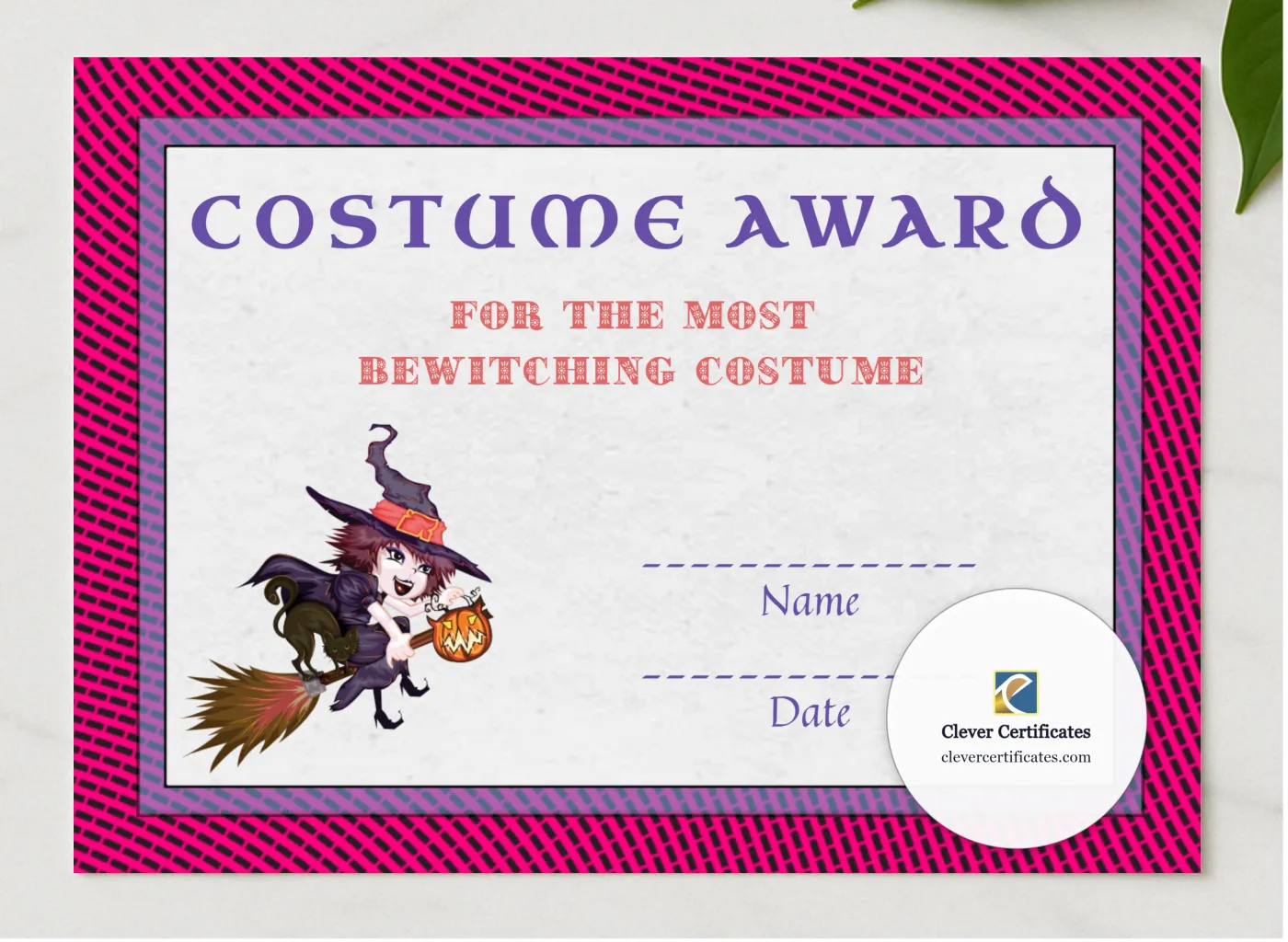 Best Costume Award 1 presented in a sleek wooden frame, elegantly arranged on a stylish table.