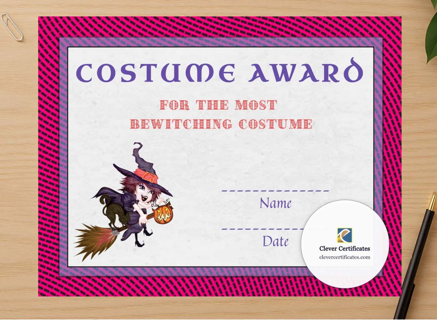 Professional preview of Best Costume Award 1 certificate on high-quality stationery paper, ideal for showcasing the final look.