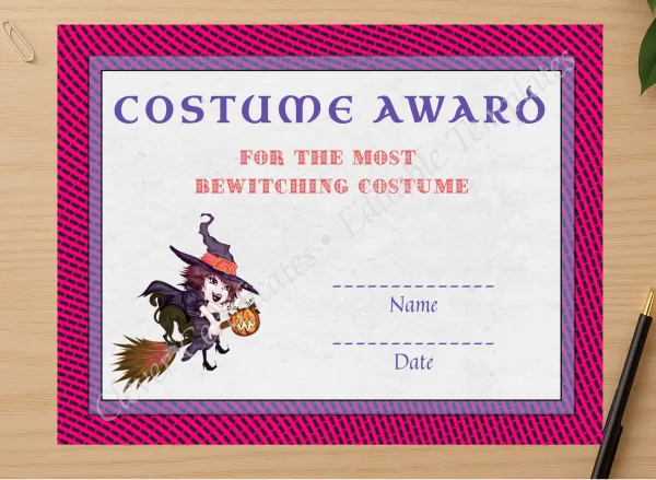 Professional preview of Best Costume Award 1 certificate on high-quality stationery paper, ideal for showcasing the final look.