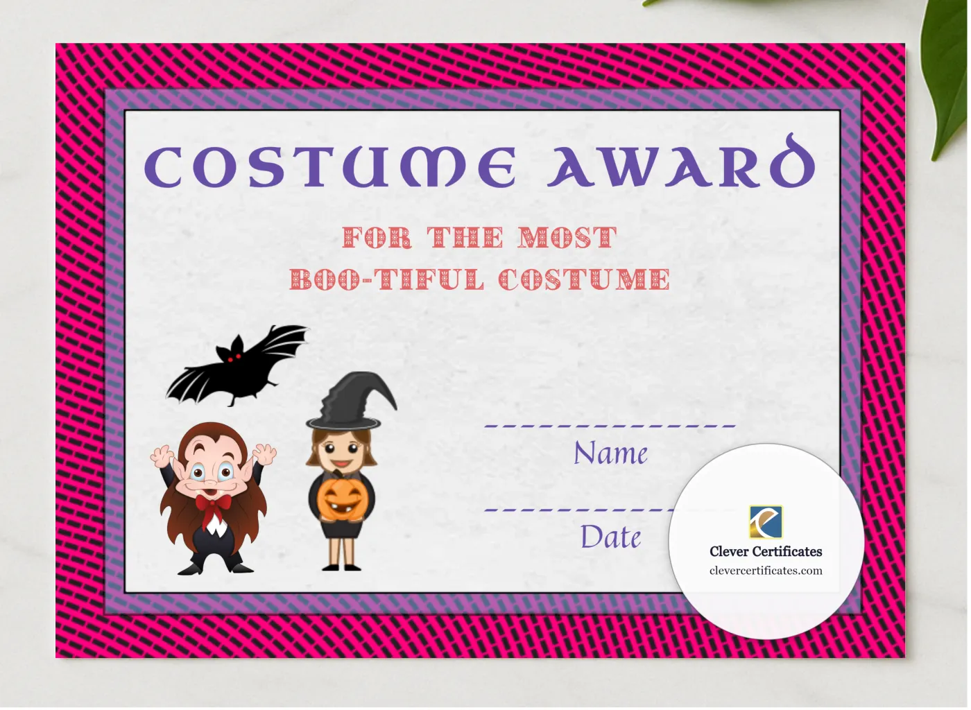 Best Costume Award 2 presented in a sleek wooden frame, elegantly arranged on a stylish table.
