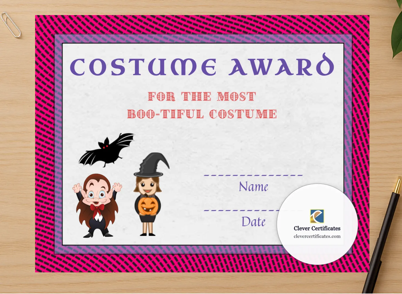 Professional preview of Best Costume Award 2 certificate on high-quality stationery paper, ideal for showcasing the final look.