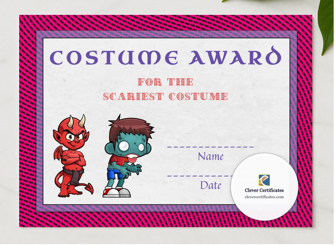 Best Costume Award 3 presented in a sleek wooden frame, elegantly arranged on a stylish table.