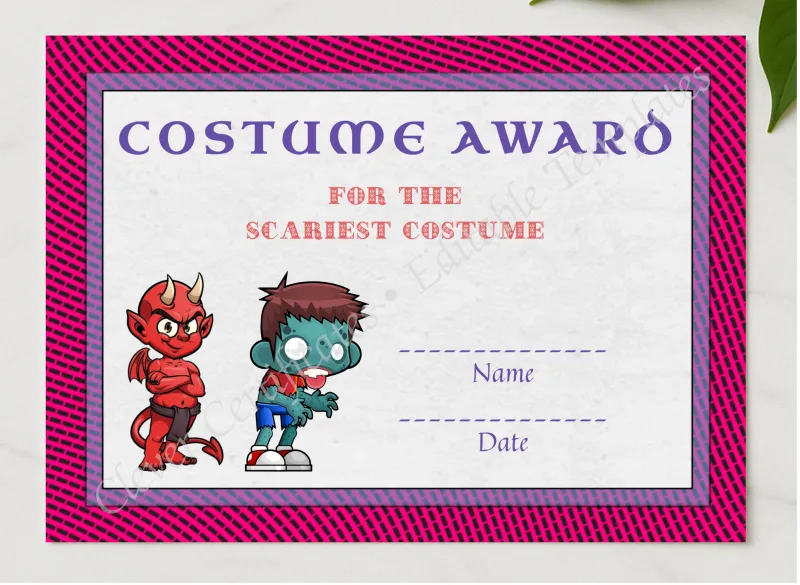 Best Costume Award 3 presented in a sleek wooden frame, elegantly arranged on a stylish table.