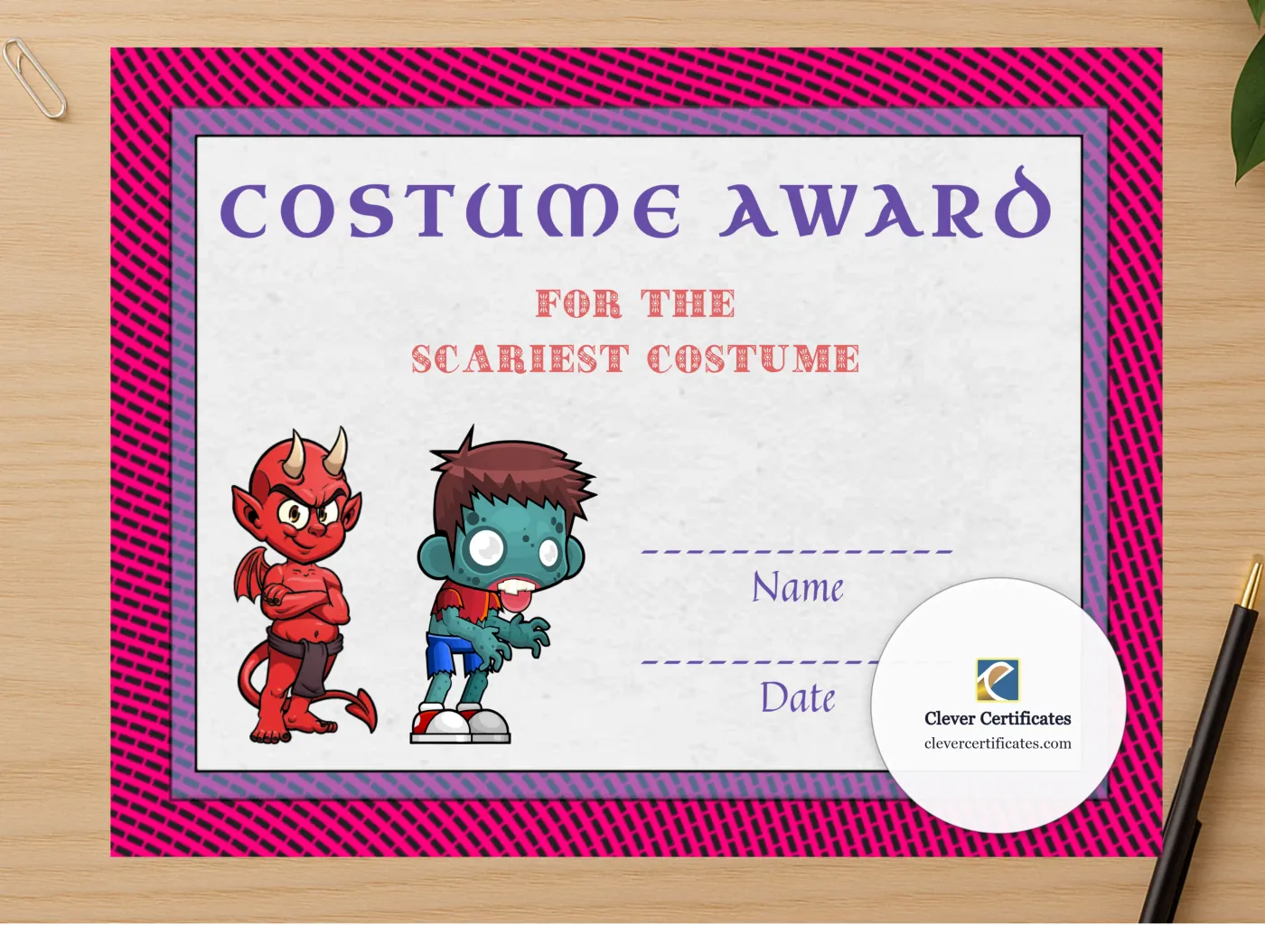 Professional preview of Best Costume Award 3 certificate on high-quality stationery paper, ideal for showcasing the final look.