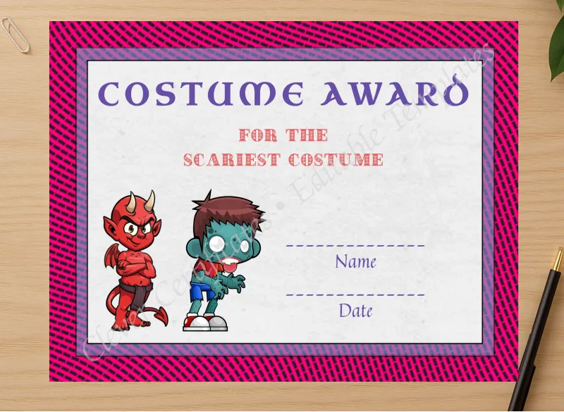 Professional preview of Best Costume Award 3 certificate on high-quality stationery paper, ideal for showcasing the final look.