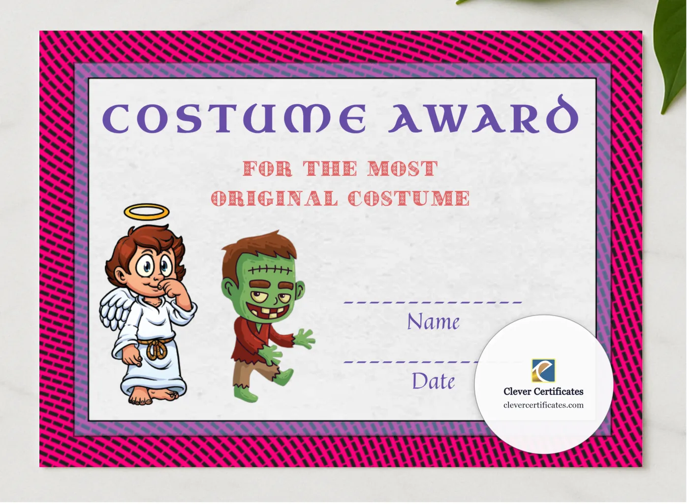 Best Costume Award 4 presented in a sleek wooden frame, elegantly arranged on a stylish table.