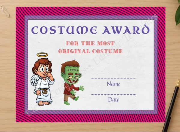 Professional preview of Best Costume Award 4 certificate on high-quality stationery paper, ideal for showcasing the final look.