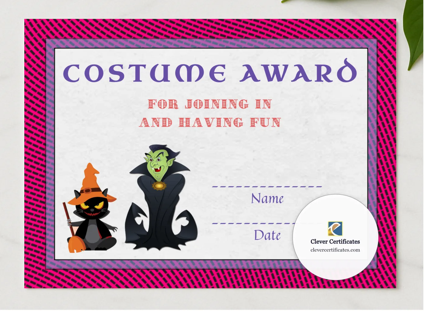 Best Costume Award 6 presented in a sleek wooden frame, elegantly arranged on a stylish table.