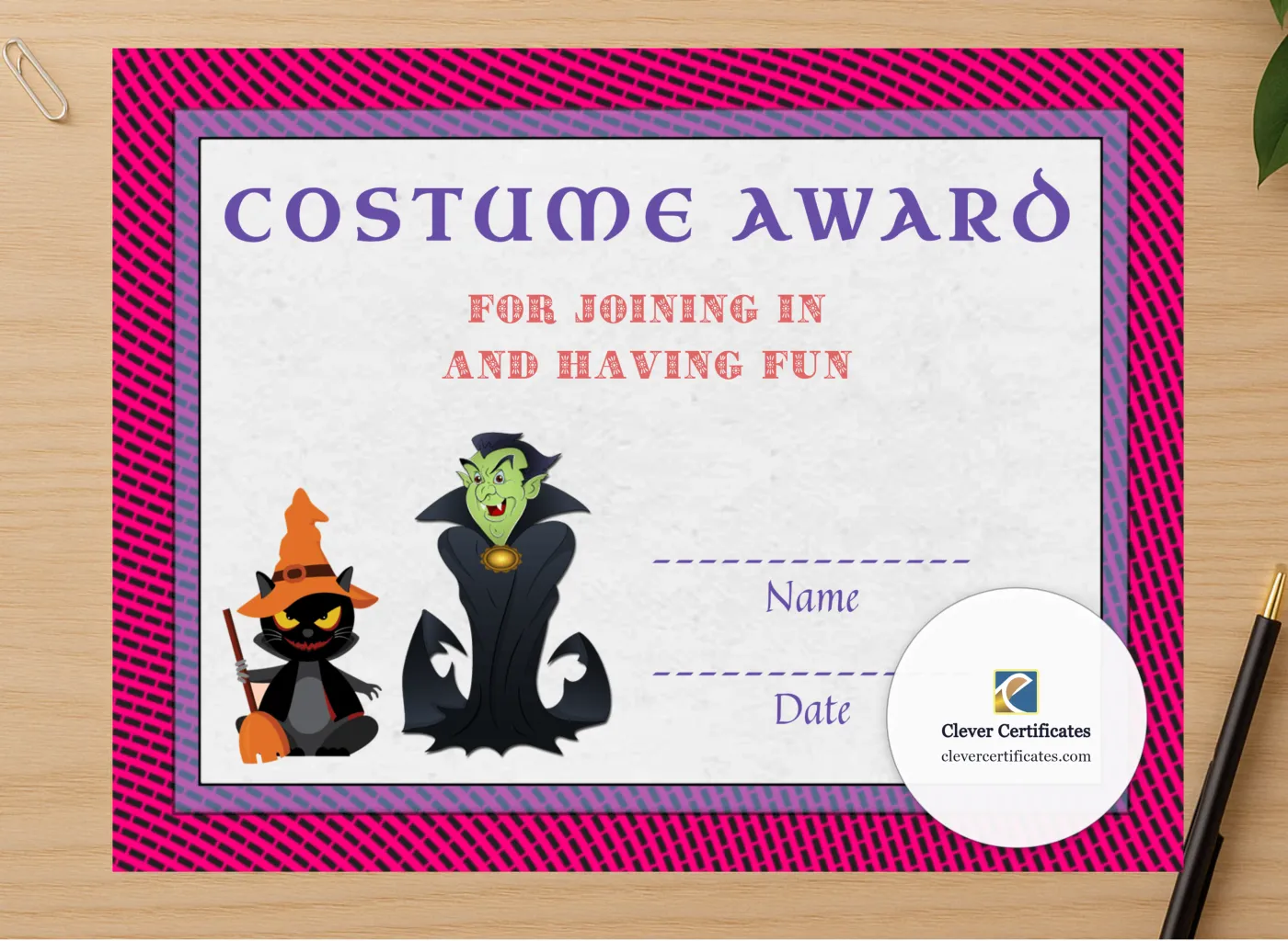 Professional preview of Best Costume Award 6 certificate on high-quality stationery paper, ideal for showcasing the final look.