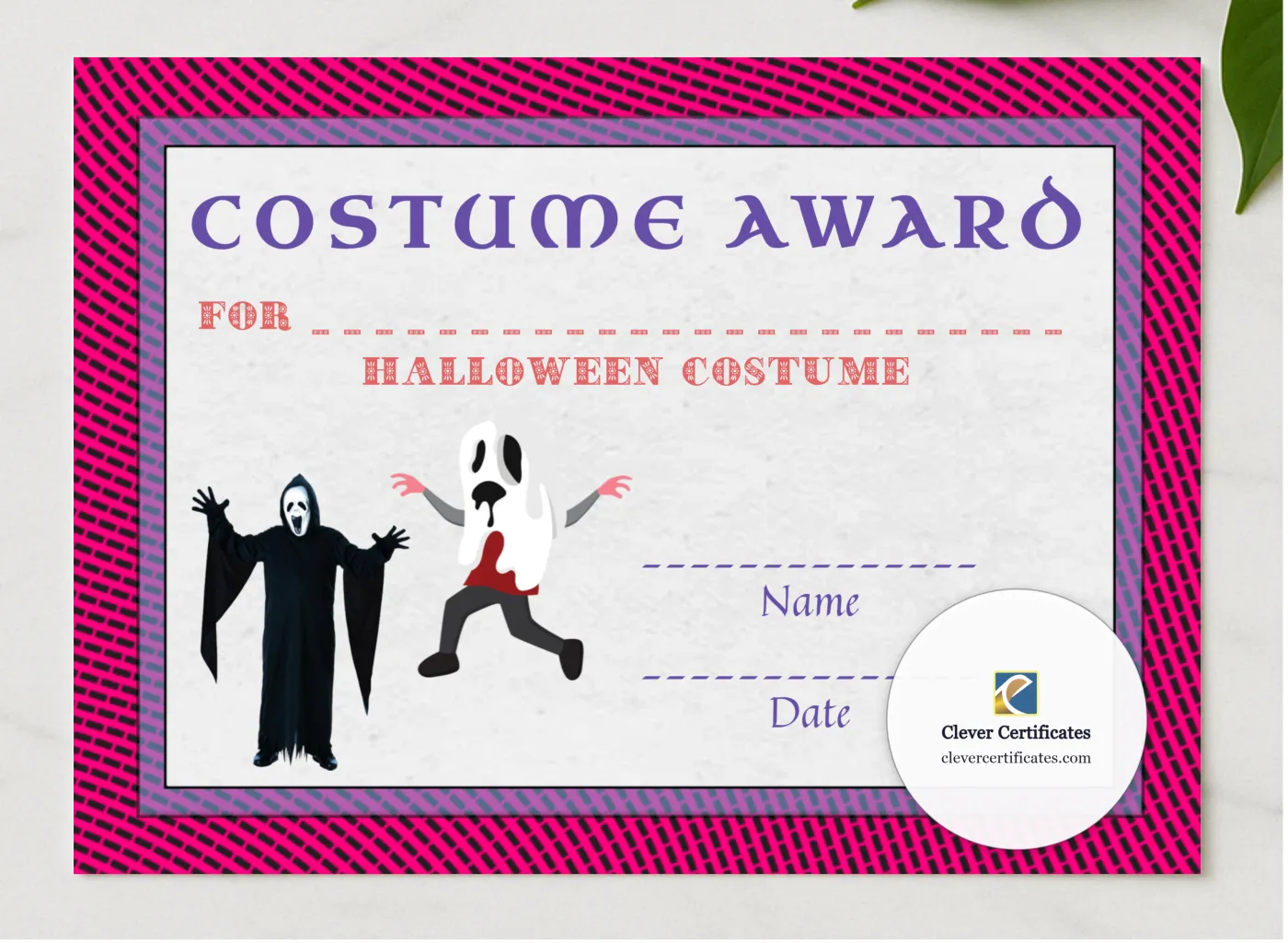 Best Costume Award 7 presented in a sleek wooden frame, elegantly arranged on a stylish table.