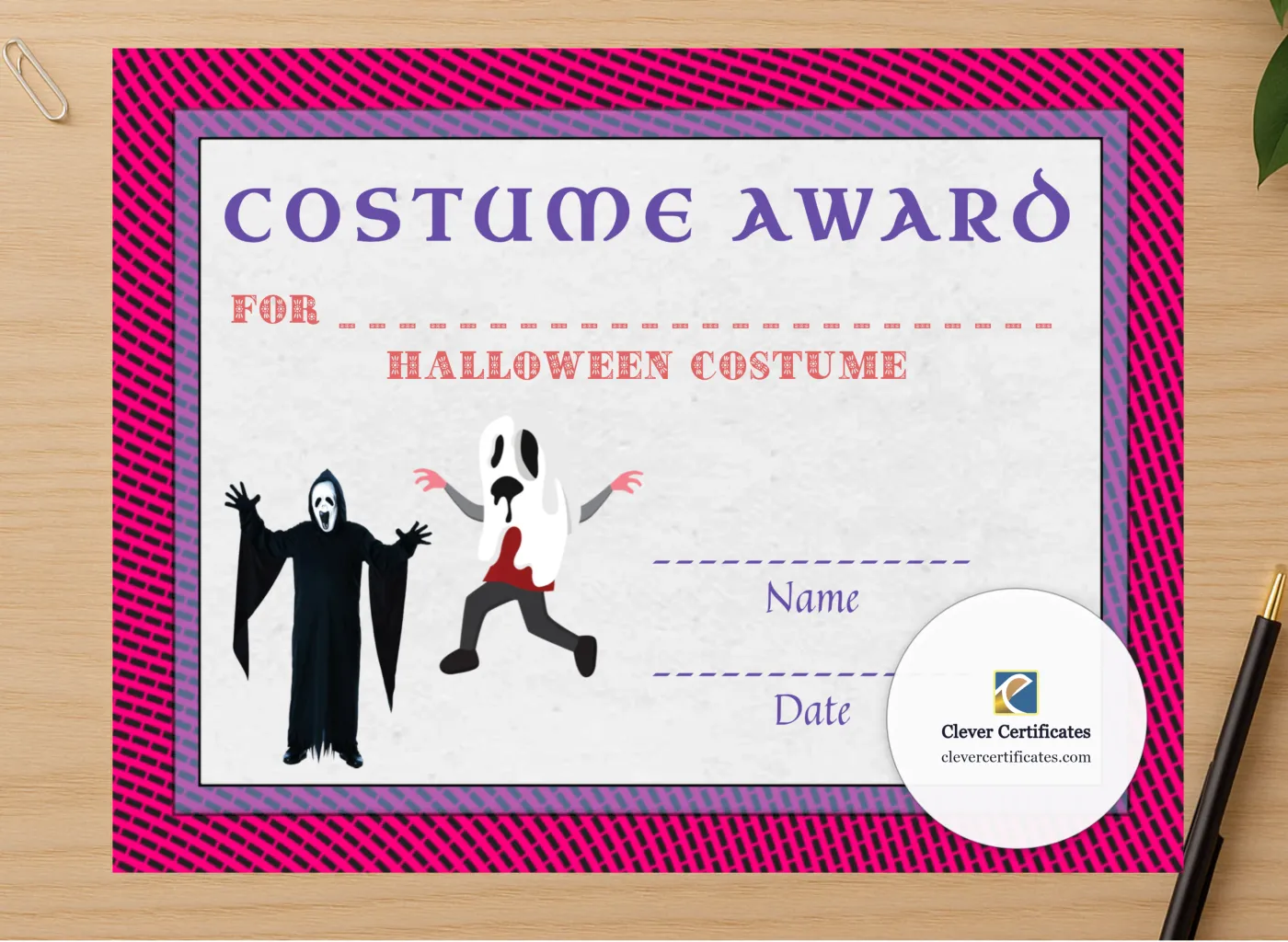 Professional preview of Best Costume Award 7 certificate on high-quality stationery paper, ideal for showcasing the final look.