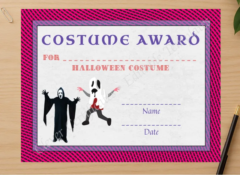Professional preview of Best Costume Award 7 certificate on high-quality stationery paper, ideal for showcasing the final look.
