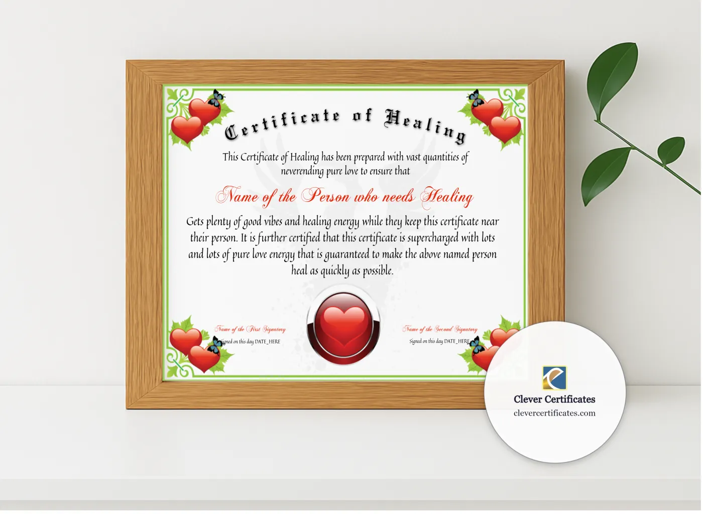 Realistic mockup featuring Certificate Of Healing displayed within a modern frame, set against a minimalistic background.