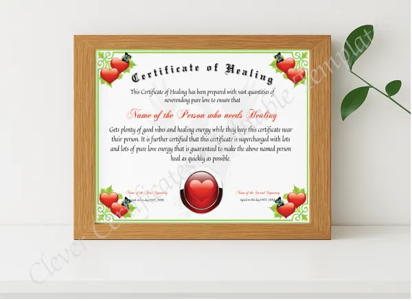 Realistic mockup featuring Certificate Of Healing displayed within a modern frame, set against a minimalistic background.