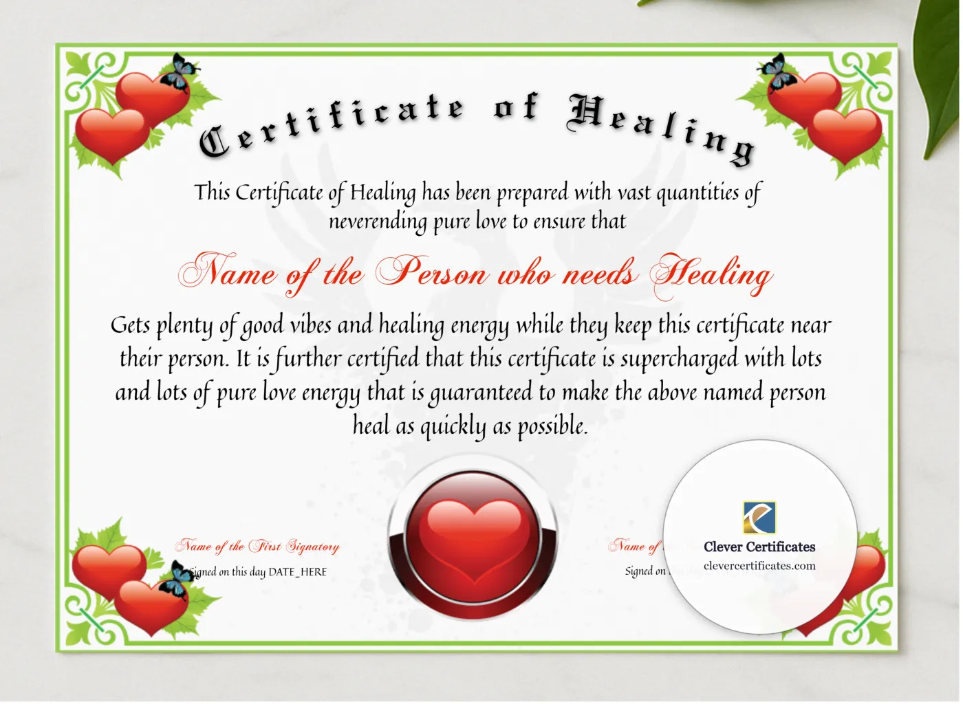 Certificate Of Healing presented in a sleek wooden frame, elegantly arranged on a stylish table.