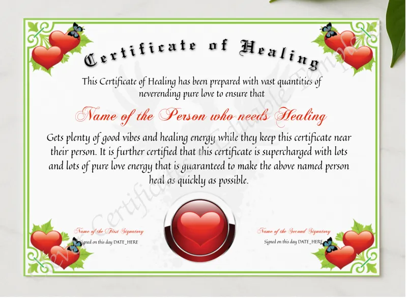 Certificate Of Healing presented in a sleek wooden frame, elegantly arranged on a stylish table.
