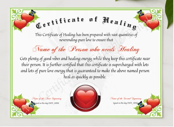 Certificate Of Healing presented in a sleek wooden frame, elegantly arranged on a stylish table.