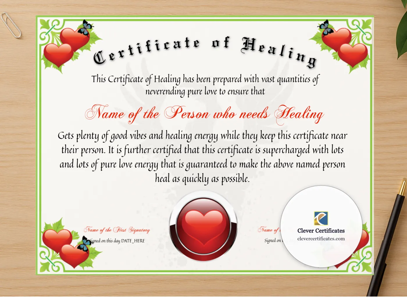 Professional preview of Certificate Of Healing certificate on high-quality stationery paper, ideal for showcasing the final look.