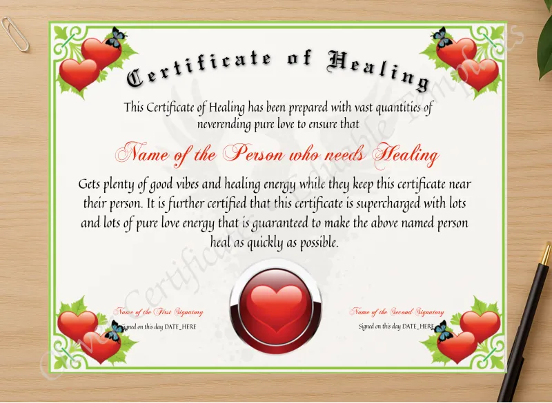 Professional preview of Certificate Of Healing certificate on high-quality stationery paper, ideal for showcasing the final look.