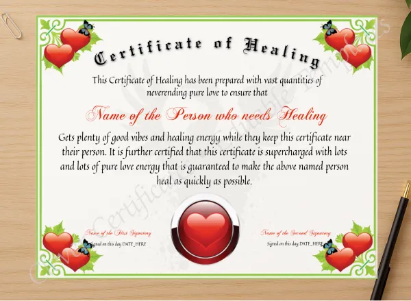 Professional preview of Certificate Of Healing certificate on high-quality stationery paper, ideal for showcasing the final look.
