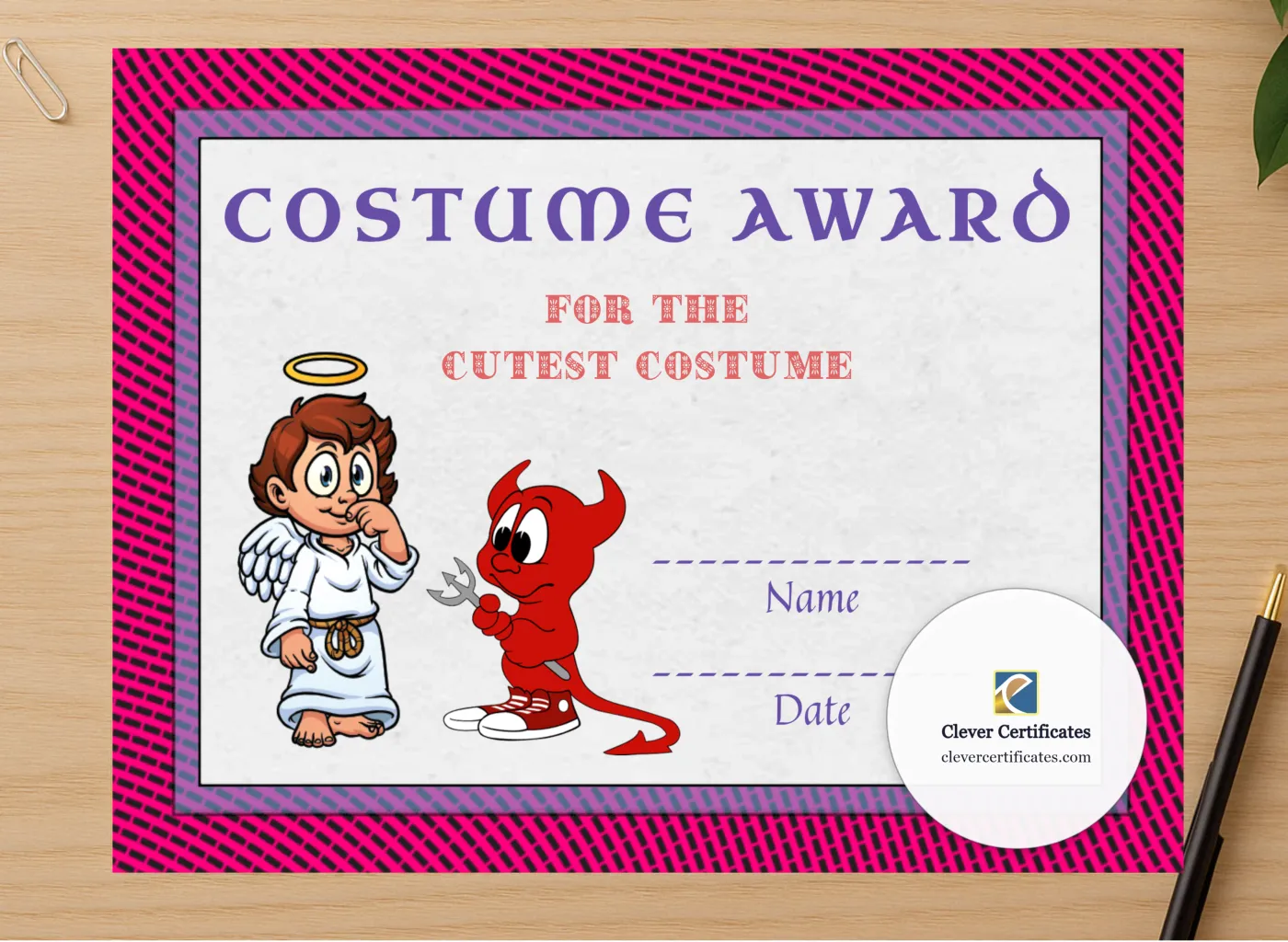 Professional preview of Best Costume Award 8 certificate on high-quality stationery paper, ideal for showcasing the final look.